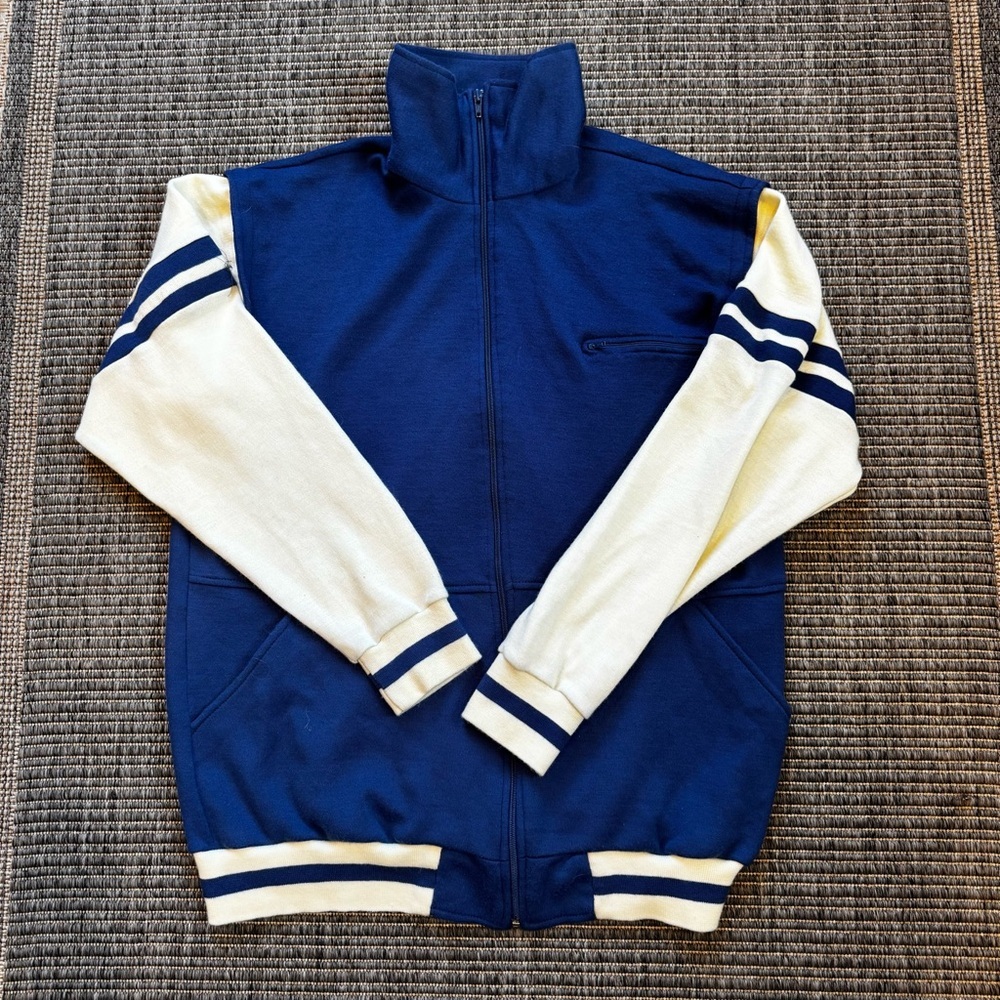 Vintage Royal Blue and White Zip Up Sweater with Athletic Flair
